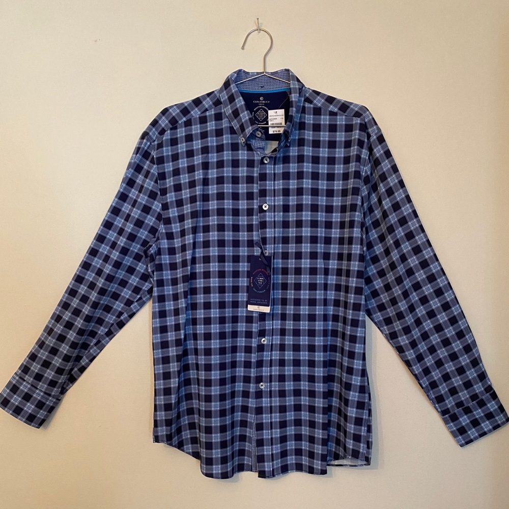 Con.Struct Slime Fit Stretch Dress Shirt - Blue Plaid